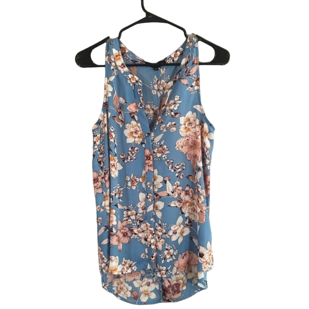 Sanctuary Blue & Pink Floral Sleeveless Button Front Blouse Women Sz S